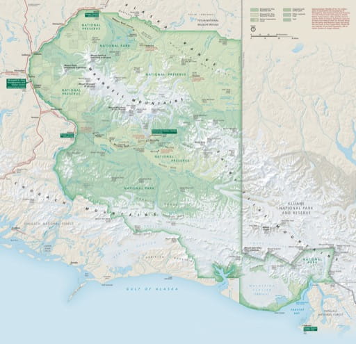 Official visitor map of Wrangell - St Elias National Park & Preserve (NP & PRES) in Alaska. Published by the National Park Service (NPS).