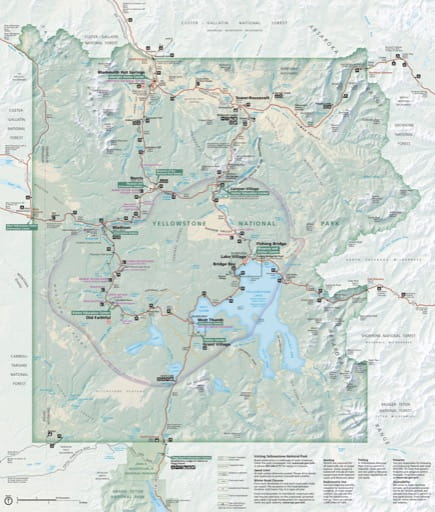 Official Visitor Map of Yellowstone National Park (NP) in Idaho, Montana and Wyoming. Published by the National Park Service (NPS).