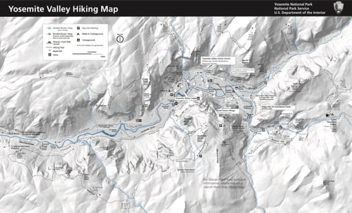 Map of hiking trails in the Yosemite Valley in Yosemite National Park (NP) in California. Published by the National Park Service (NPS).