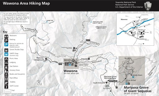 Map of hiking trails in the Wawona area in Yosemite National Park (NP) in California. Published by the National Park Service (NPS).