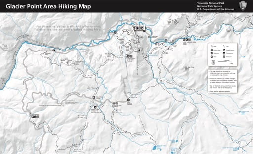Map of hiking trails in the Glacier Point area in Yosemite National Park (NP) in California. Published by the National Park Service (NPS).