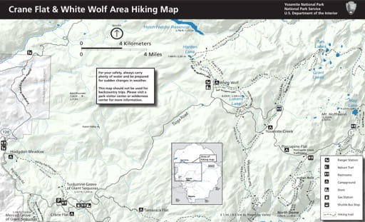 Map of hiking trails in the Crane Flat & White Wolf area in Yosemite National Park (NP) in California. Published by the National Park Service (NPS).
