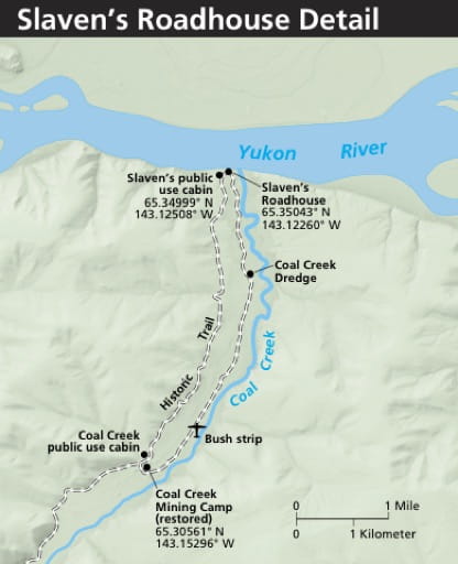 Detail Map of Slaven’s Roadhouse area in Yukon-Charley Rivers National Preserve (NPRES) in Alaska. Published by the National Park Service (NPS).