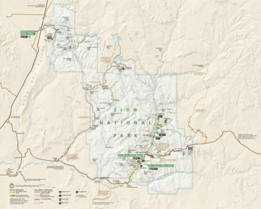 Official visitor map of Zion National Park (NP) in Utah. Published by the National Park Service (NPS).