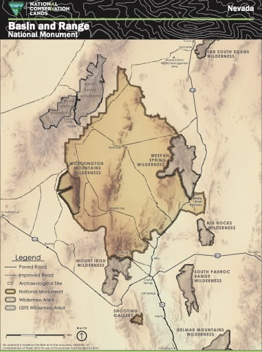Visitor Map of Basin and Range National Monument (NM) in Nevada. Published by the Bureau of Land Management (BLM).