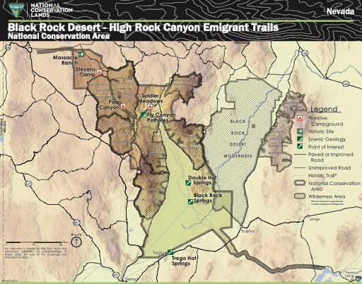 Visitor Map of Black Rock Desert - High Rock Canyon Emigrant Trails National Conservation Area (NCA) in Nevada. Published by the Bureau of Land Management (BLM).