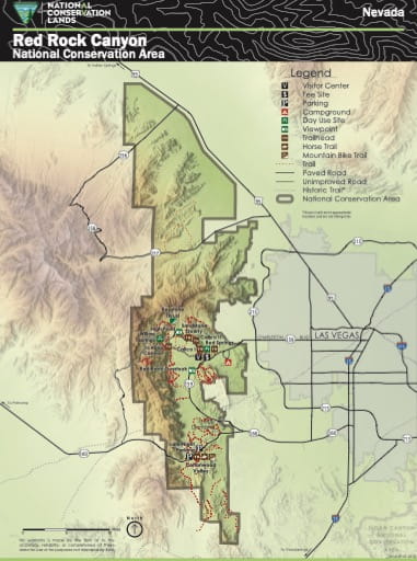 Visitor Map of Red Rock Canyon National Conservation Area (NCA) near Las Vegas in Nevada. Published by the Bureau of Land Management (BLM).