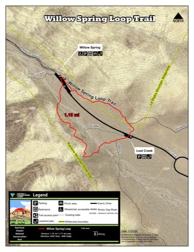 Map of Willow Spring Loop Trail at Red Rock Canyon National Conservation Area (NCA) in Nevada. Published by the Bureau of Land Management (BLM).