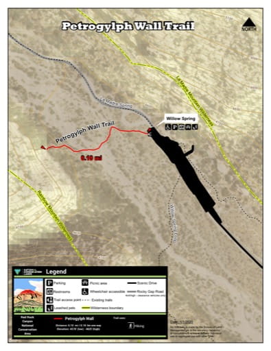 Map of Petroglyph Wall Trail at Red Rock Canyon National Conservation Area (NCA) in Nevada. Published by the Bureau of Land Management (BLM).