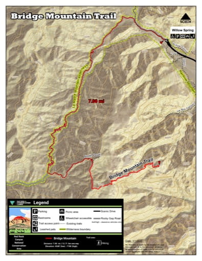 Map of Bridge Mountain Trail at Red Rock Canyon National Conservation Area (NCA) in Nevada. Published by the Bureau of Land Management (BLM).