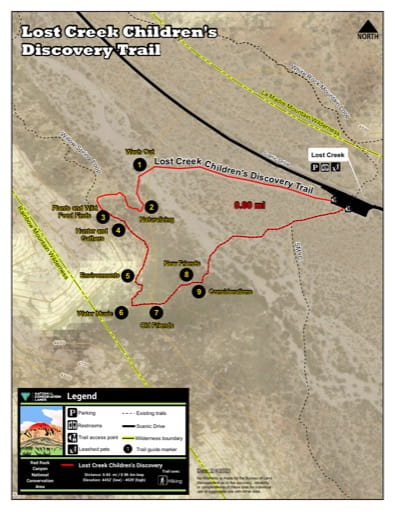 Map of Lost Creek Children's Discovery Trail at Red Rock Canyon National Conservation Area (NCA) in Nevada. Published by the Bureau of Land Management (BLM).