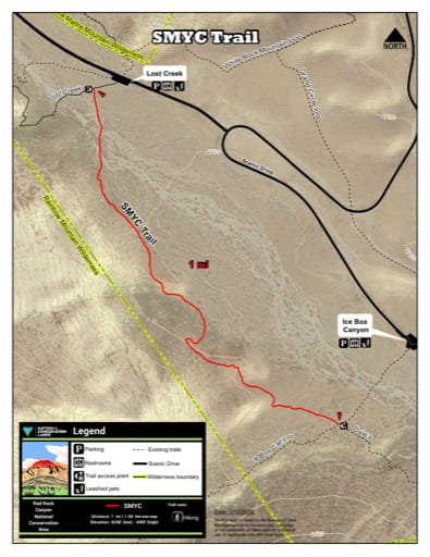 Map of the Spring Mountain Youth Camp SMYC Trail at Red Rock Canyon National Conservation Area (NCA) in Nevada. Published by the Bureau of Land Management (BLM).