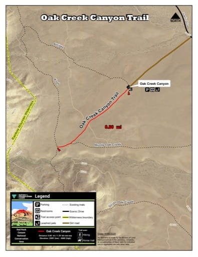 Map of Oak Creek Canyon Trail at Red Rock Canyon National Conservation Area (NCA) in Nevada. Published by the Bureau of Land Management (BLM).