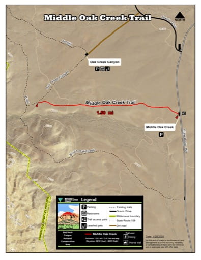 Map of Middle Oak Creek Trail at Red Rock Canyon National Conservation Area (NCA) in Nevada. Published by the Bureau of Land Management (BLM).