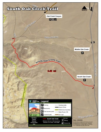 Map of South Oak Creek Trail at Red Rock Canyon National Conservation Area (NCA) in Nevada. Published by the Bureau of Land Management (BLM).
