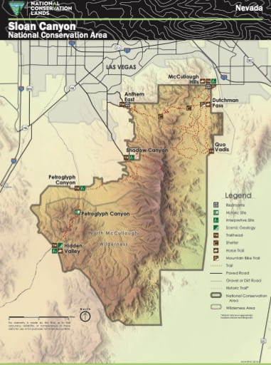 Visitor Map of Sloan Canyon National Conservation Area (NCA) in Nevada. Published by the Bureau of Land Management (BLM).