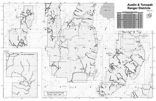 Motor Vehicle Use Map (MVUM) of the Southwest Austin/Tonopah area in Humboldt-Toiyabe National Forest (NF) in Nevada. Published by the U.S. Forest Service (USFS).