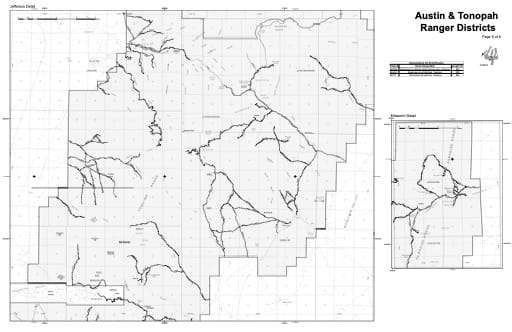 Motor Vehicle Use Map (MVUM) Detail of the Jefferson area in Humboldt-Toiyabe National Forest (NF) in Nevada. Published by the U.S. Forest Service (USFS).