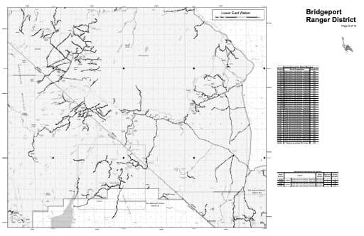 Motor Vehicle Use Map (MVUM) of the Lower East Walker area in Humboldt-Toiyabe National Forest (NF) in Nevada. Published by the U.S. Forest Service (USFS).