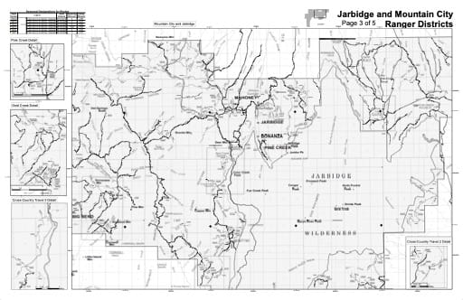 Motor Vehicle Use Map (MVUM) of the Mountain City & Jarbidge area in Humboldt-Toiyabe National Forest (NF) in Nevada. Published by the U.S. Forest Service (USFS).
