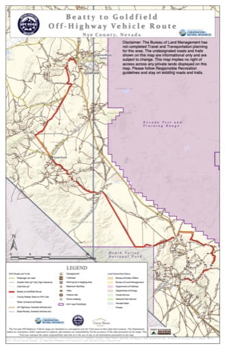 Off-Highway Vehicle (OHV) Trails Map of Beatty to Goldfield Adventure Route in Nevada. Published by Nevada Off-Highway Vehicles Program.