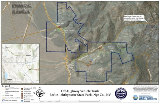 Off-Highway Vehicle (OHV) Trails Map of Berlin-Ichthyosaur State Park in Nevada. Published by Nevada Off-Highway Vehicles Program.