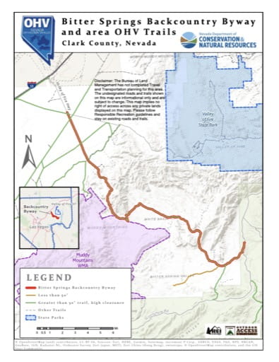 Off-Highway Vehicle (OHV) Trails Map of Bitter Springs Backcountry Byway in Nevada. Published by Nevada Off-Highway Vehicles Program.