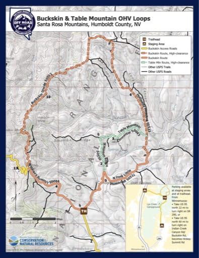 Off-Highway Vehicle (OHV) Trails Map of Buckskin and Table Mountain OHV Loops in Nevada. Published by Nevada Off-Highway Vehicles Program.