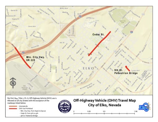 Off-Highway Vehicle (OHV) Trails Map of City of Elko in Nevada. Published by Nevada Off-Highway Vehicles Program.