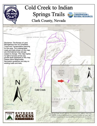 Off-Highway Vehicle (OHV) Trails Map of Cold Creek to Indian Springs Trails in Clark County in Nevada. Published by Nevada Off-Highway Vehicles Program.