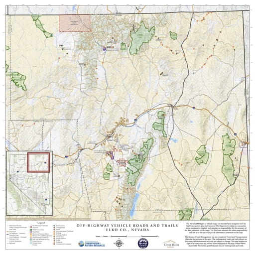 Off-Highway Vehicle (OHV) Trails Map of Elko County in Nevada. Published by Nevada Off-Highway Vehicles Program.