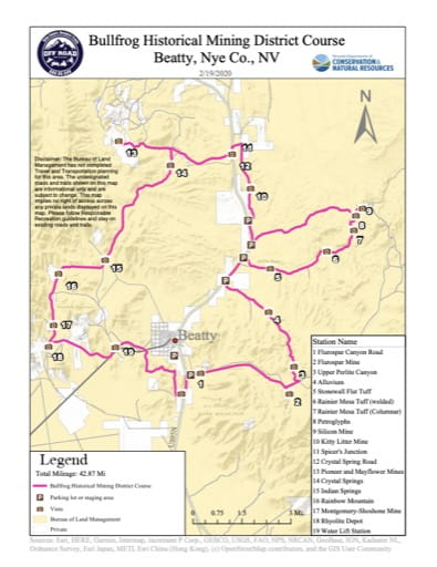 Off-Highway Vehicle (OHV) Trails Map of Bullfrog Historical Mining Course in Nevada. Published by Nevada Off-Highway Vehicles Program.
