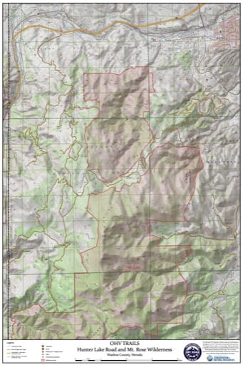 Off-Highway Vehicle (OHV) Trails Map of Hunter Lake Road and Mt. Rose Wilderness in Nevada. Published by Nevada Off-Highway Vehicles Program.