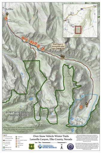 Over-Snow Vehicle Winter Trails Map of Lamoille Canyon in Nevada. Published by Nevada Off-Highway Vehicles Program.