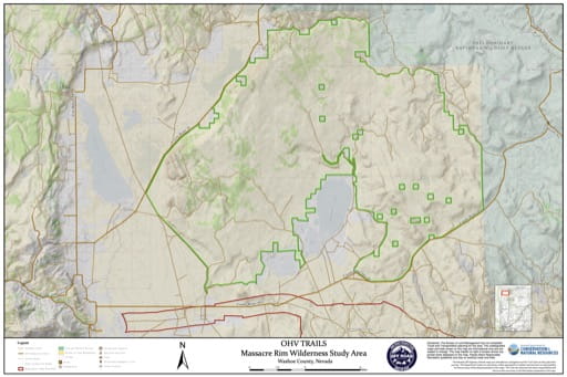 Off-Highway Vehicle (OHV) Trails Map of Massacre Rim Wilderness Study Area (WSA) in Nevada. Published by Nevada Off-Highway Vehicles Program.