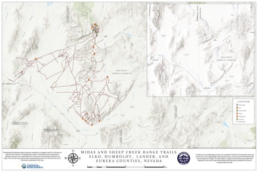 Off-Highway Vehicle (OHV) Trails Map of Midas and Sheep Creek Range in Nevada. Published by Nevada Off-Highway Vehicles Program.