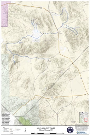 Off-Highway Vehicle (OHV) Trails Map of Mina area in Nevada. Published by Nevada Off-Highway Vehicles Program.