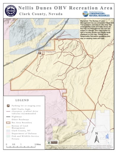 Off-Highway Vehicle (OHV) Trails Map of Nellis Dunes in Nevada. Published by Nevada Off-Highway Vehicles Program.