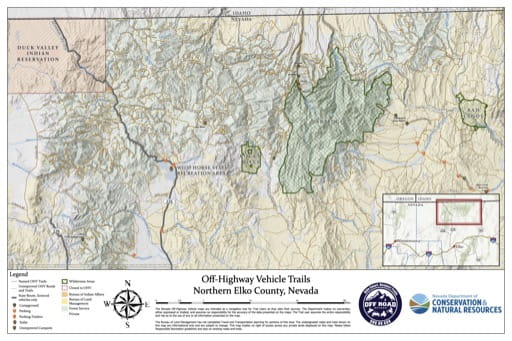 Off-Highway Vehicle (OHV) Trails Map of Northern Elko County in Nevada. Published by Nevada Off-Highway Vehicles Program.