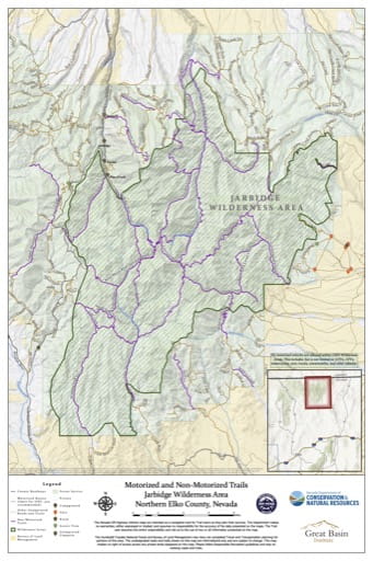 Off-Highway Vehicle (OHV) Trails and non-OHV Trails Map of Jarbidge Wilderness in Nevada. Published by Nevada Off-Highway Vehicles Program.