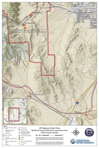 Off-Highway Vehicle (OHV) Trails Map of Red Rock Canyon National Conservation Area (NCA) in Nevada. Published by Nevada Off-Highway Vehicles Program.