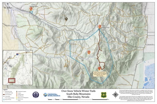 Over-Snow Vehicle Winter Trails Map of Ruby Mountains South in Nevada. Published by Nevada Off-Highway Vehicles Program.