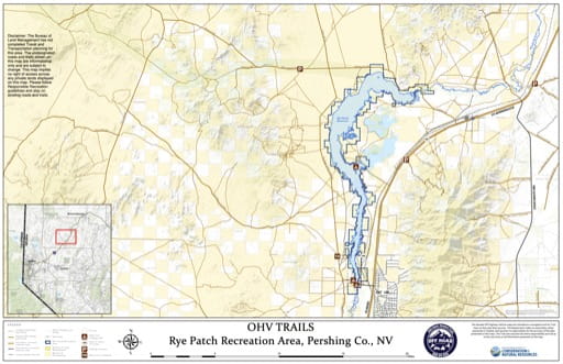 Off-Highway Vehicle (OHV) Trails Map of Rye Patch State Recreation Area (SRA) in Nevada. Published by Nevada Off-Highway Vehicles Program.