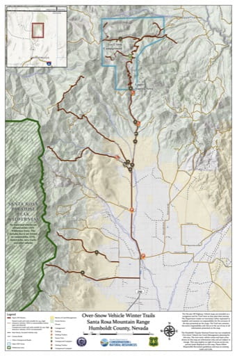 Over-Snow Vehicle Winter Trails Map of Santa Rosa Mountain Range in Nevada. Published by Nevada Off-Highway Vehicles Program.