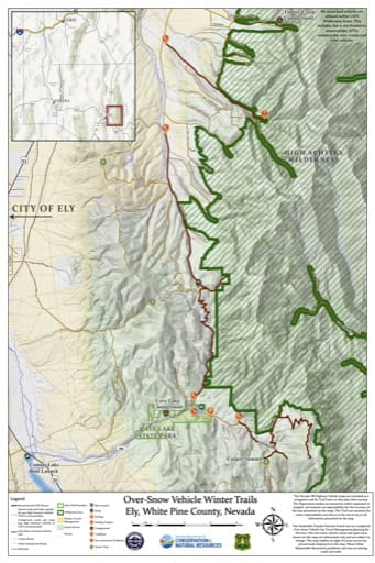 Over-Snow Vehicle Winter Trails Map of Schell Mountains in Nevada. Published by Nevada Off-Highway Vehicles Program.
