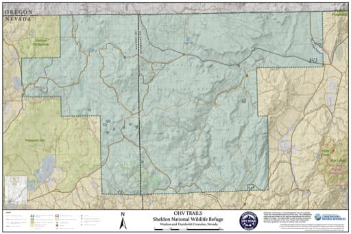 Off-Highway Vehicle (OHV) Trails Map of Sheldon National Wildlife Refuge (NWR) in Nevada. Published by Nevada Off-Highway Vehicles Program.