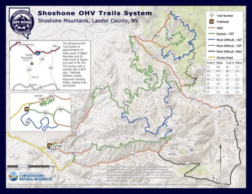 Off-Highway Vehicle (OHV) Trails Map of Shoshone in Nevada. Published by Nevada Off-Highway Vehicles Program.