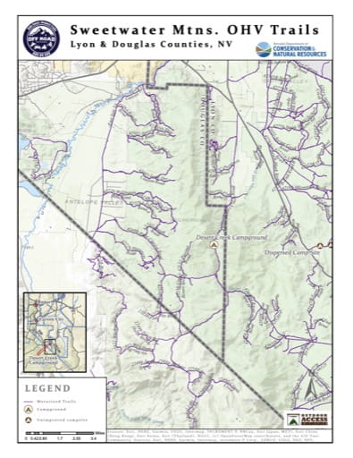 Off-Highway Vehicle (OHV) Trails Map of Sweetwater Mountains in Nevada. Published by Nevada Off-Highway Vehicles Program.
