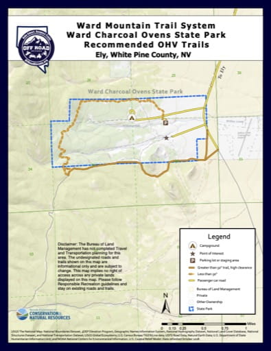 Off-Highway Vehicle (OHV) Trails Map of Ward Charcoal Ovens State Park (SP) in Nevada. Published by Nevada Off-Highway Vehicles Program.