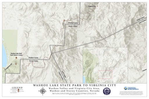 Off-Highway Vehicle (OHV) Trails Map of Washoe Lake State Park (SP) to Virginia City in Nevada. Published by Nevada Off-Highway Vehicles Program.